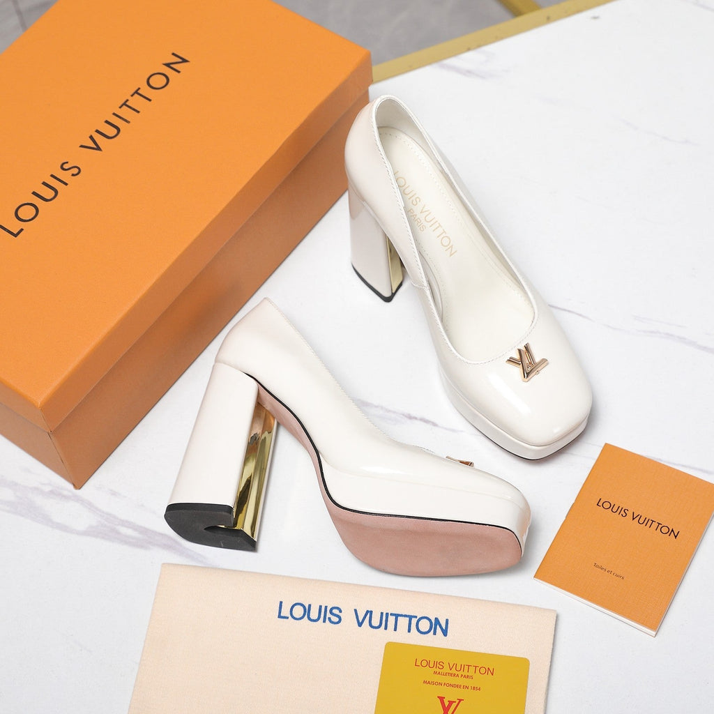 LV 26ss Chunky Heel Platform Sandals 11cm White in Patent Leather 600731