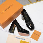 LV 26ss Chunky Heel Platform Sandals 11cm Black in Patent Leather 600732