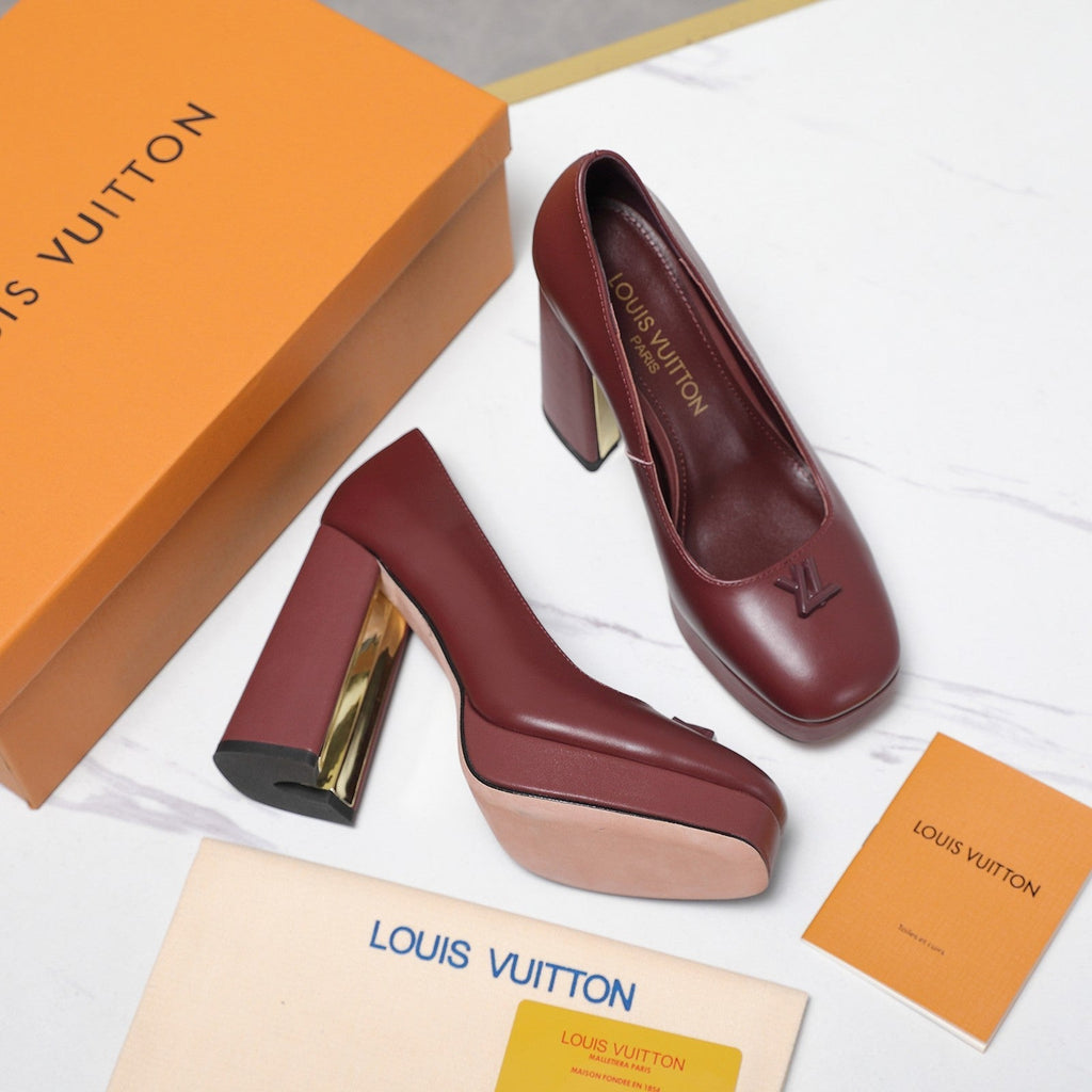 LV 26ss Chunky Heel Platform Sandals 11cm Burgundy in Cowhide 600734