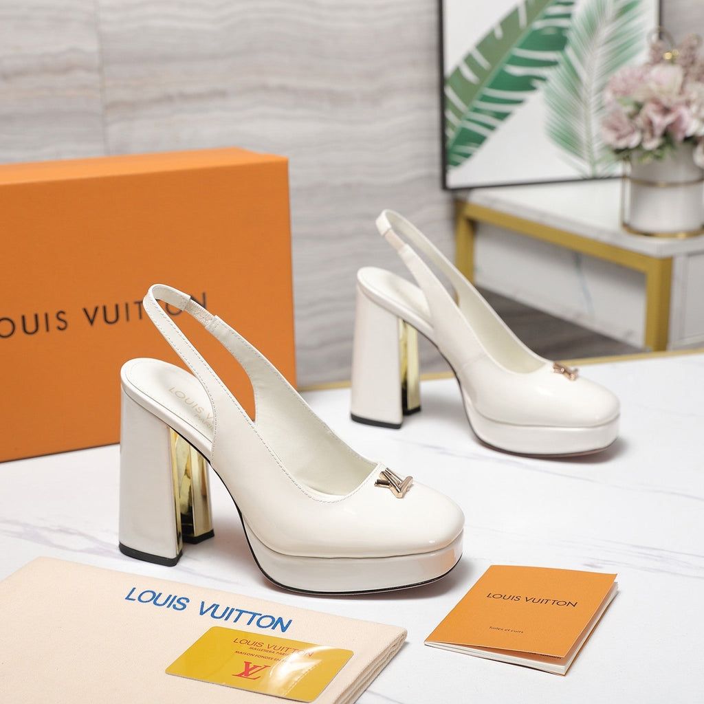 LV 26ss Chunky Heel Platform Slingback 11cm White in Patent Leather 600736