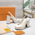 LV 26ss Chunky Heel Platform Slingback 11cm White in Patent Leather 600736