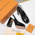 LV 26ss Chunky Heel Platform Slingback 11cm Black in Patent Leather 600737