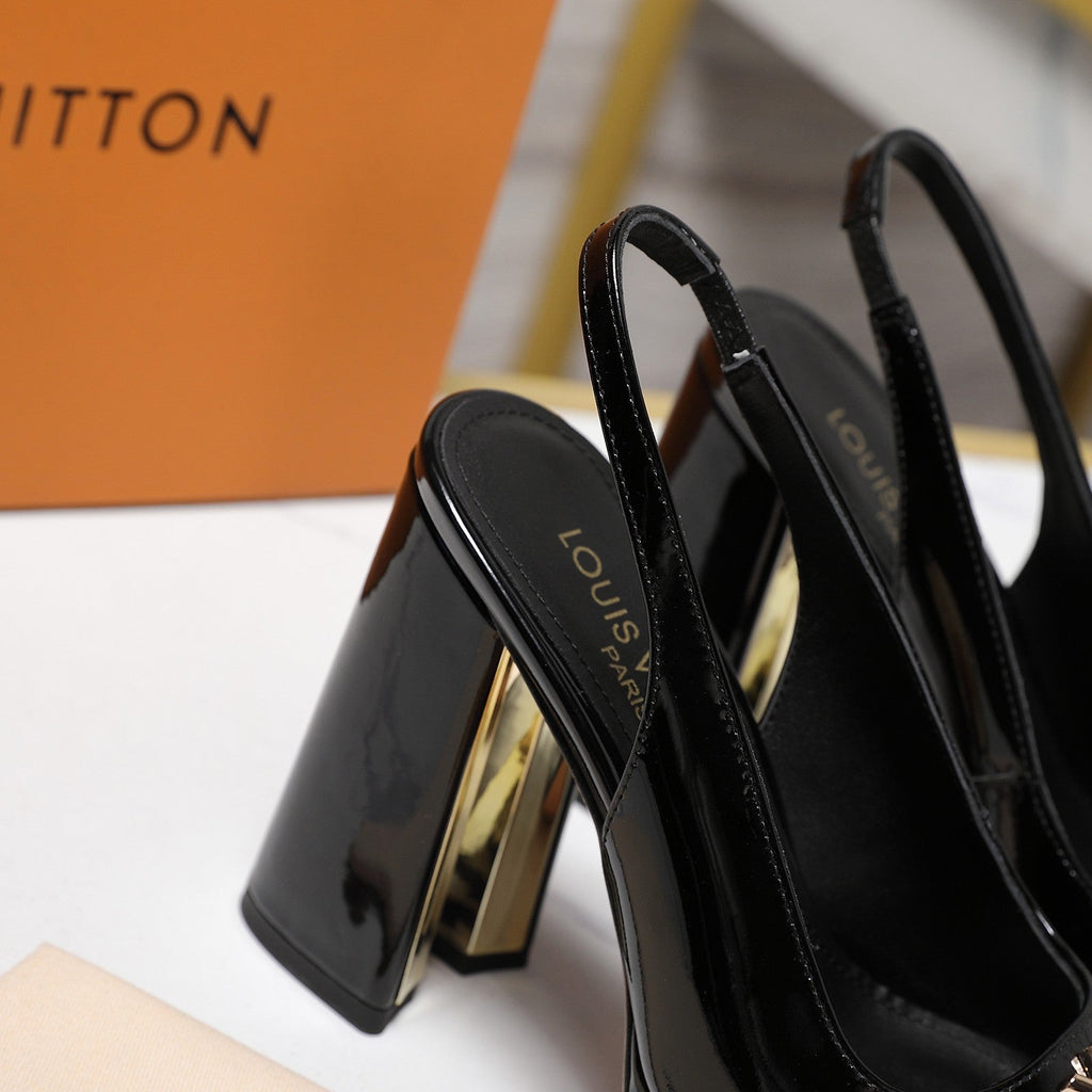 LV 26ss Chunky Heel Platform Slingback 11cm Black in Patent Leather 600737