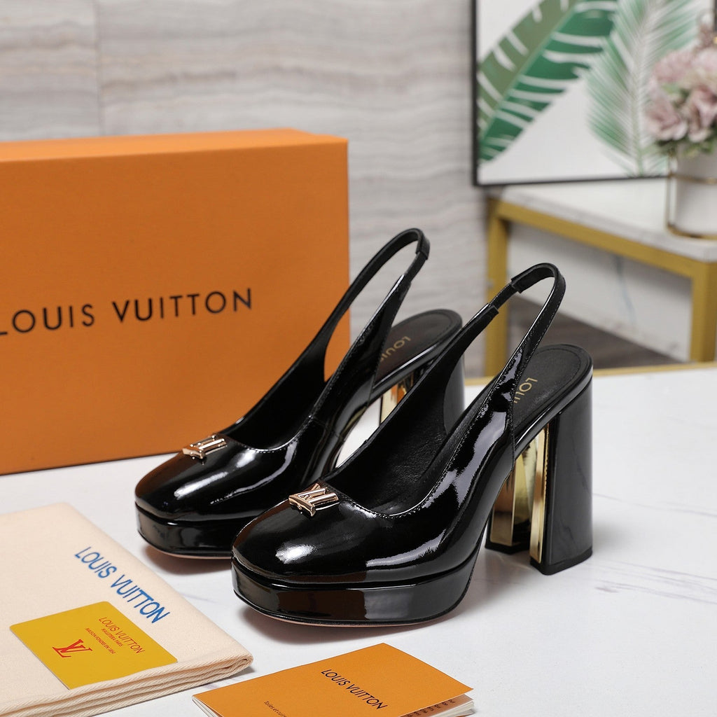 LV 26ss Chunky Heel Platform Slingback 11cm Black in Patent Leather 600737