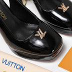 LV 26ss Chunky Heel Platform Slingback 11cm Black in Patent Leather 600737