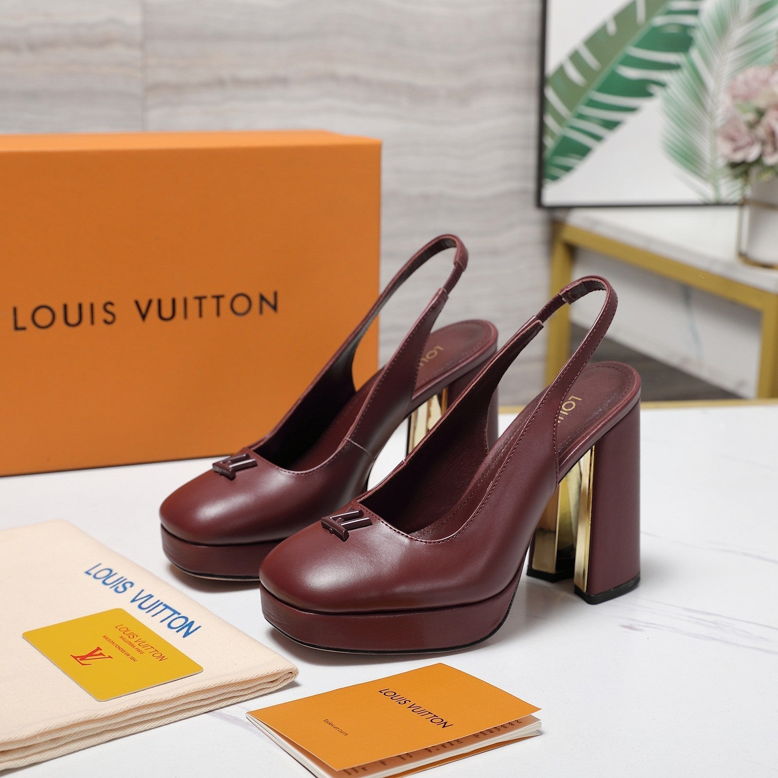 LV 26ss Chunky Heel Platform Slingback 11cm Burgundy in Cowhide 600739
