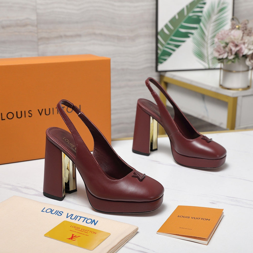 LV 26ss Chunky Heel Platform Slingback 11cm Burgundy in Cowhide 600739