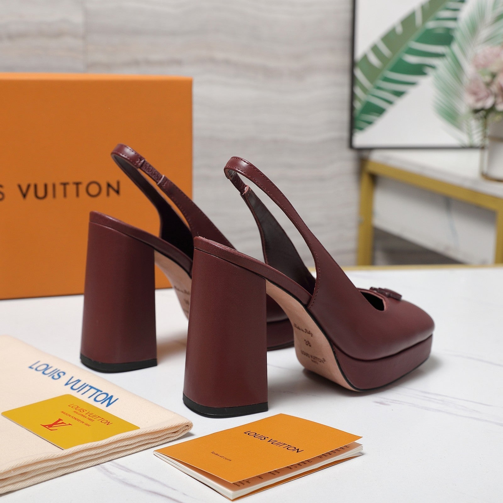 LV 26ss Chunky Heel Platform Slingback 11cm Burgundy in Cowhide 600739