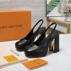 LV 26ss Chunky Heel Platform Slingback 11cm Black in Cowhide 600740