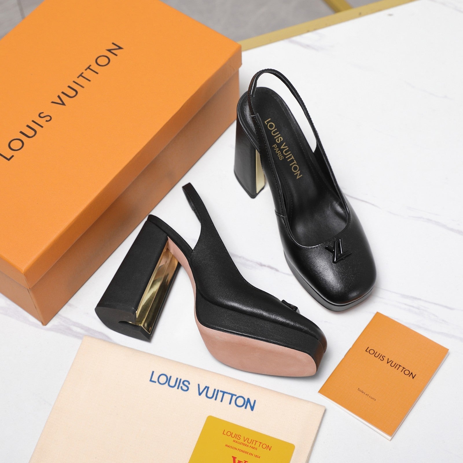 LV 26ss Chunky Heel Platform Slingback 11cm Black in Cowhide 600740