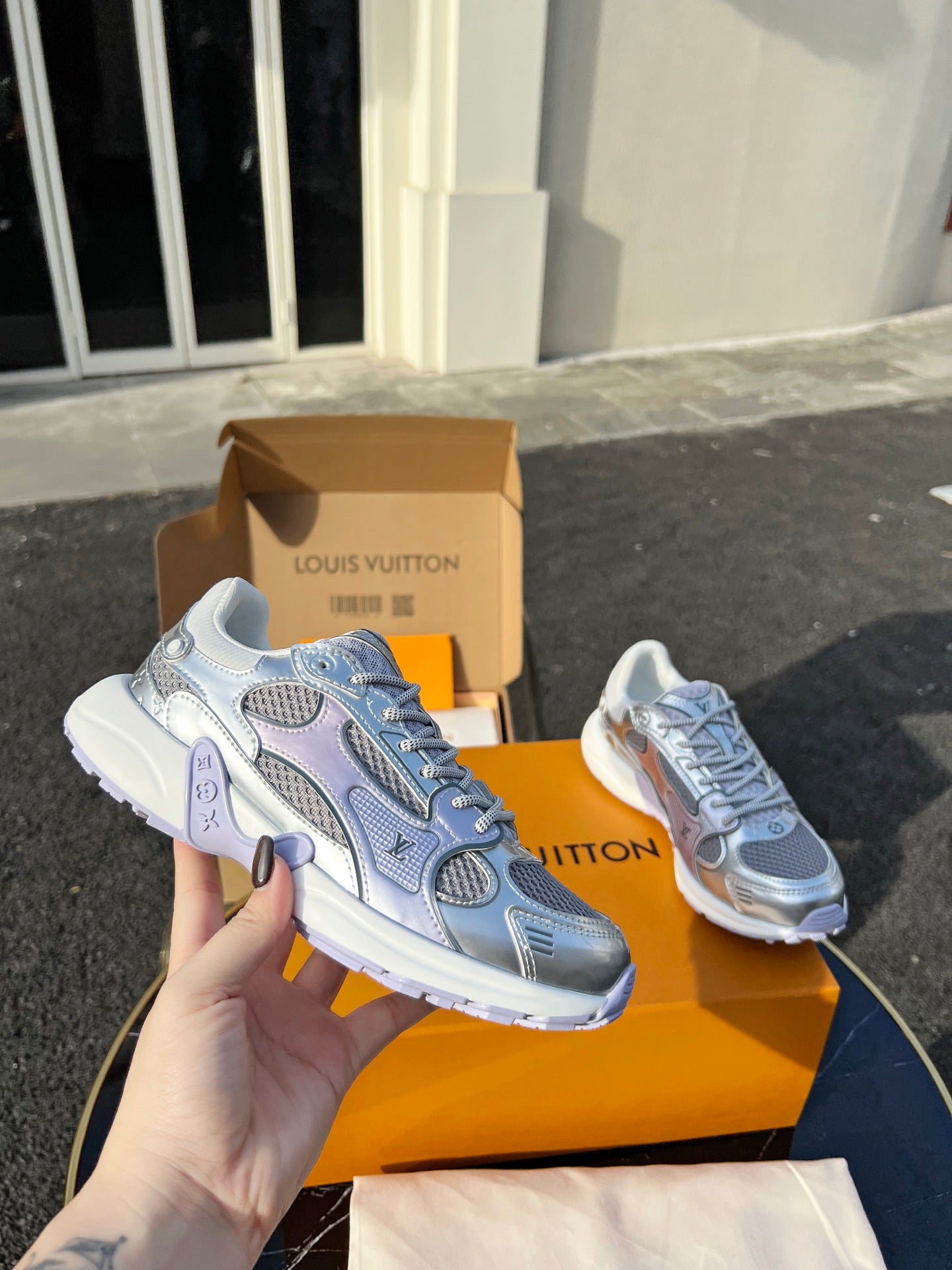 LV 26 Olympia Sneaker Purple Silver Metallic in Fabric Mesh 600741