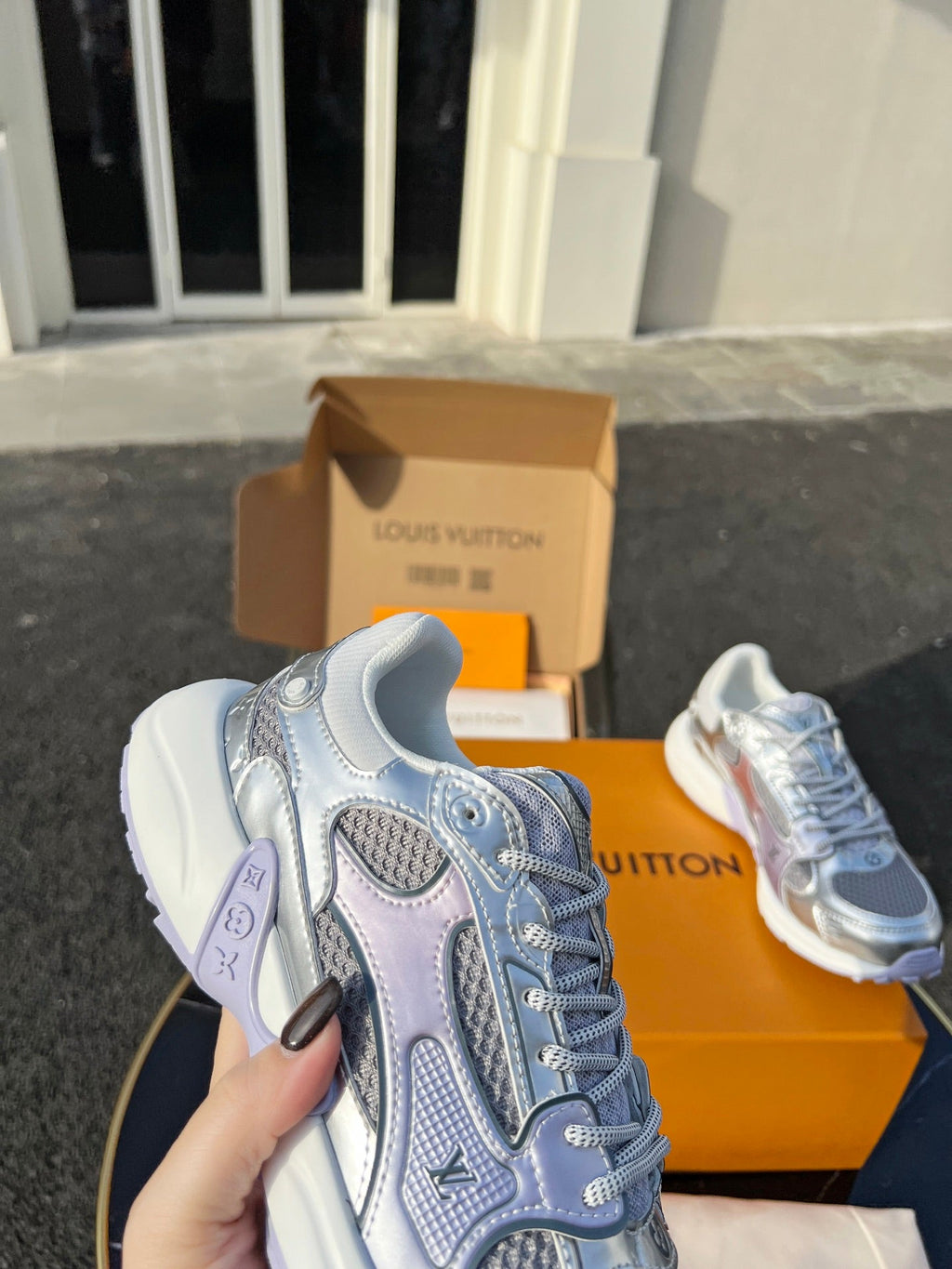 LV 26 Olympia Sneaker Purple Silver Metallic in Fabric Mesh 600741
