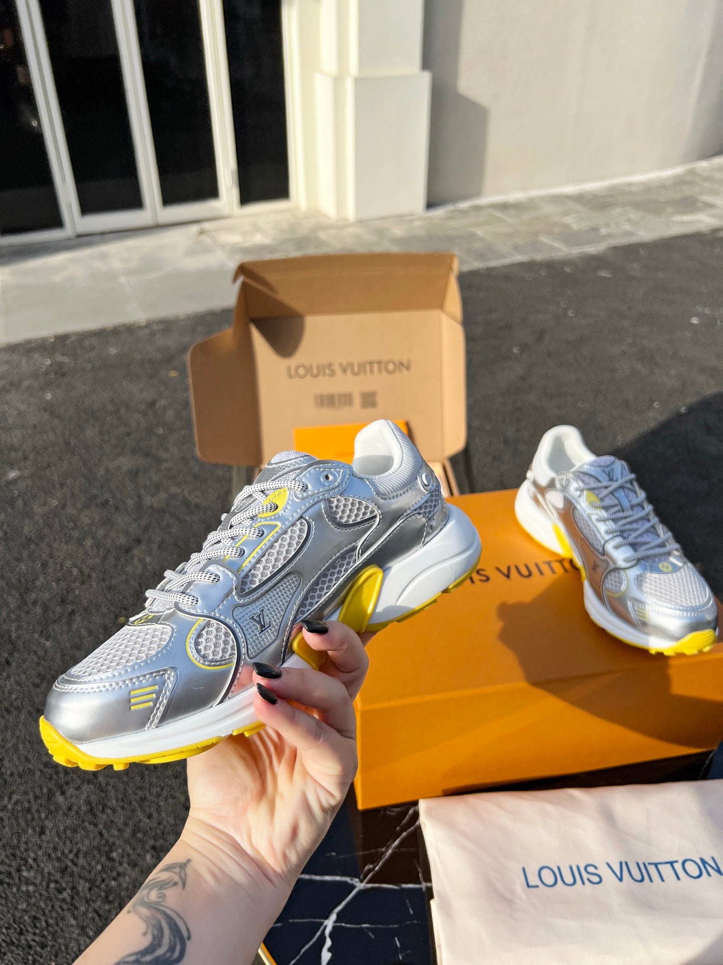 LV 26 Olympia Sneaker Yellow Silver Metallic in Fabric Mesh 600745 ( )