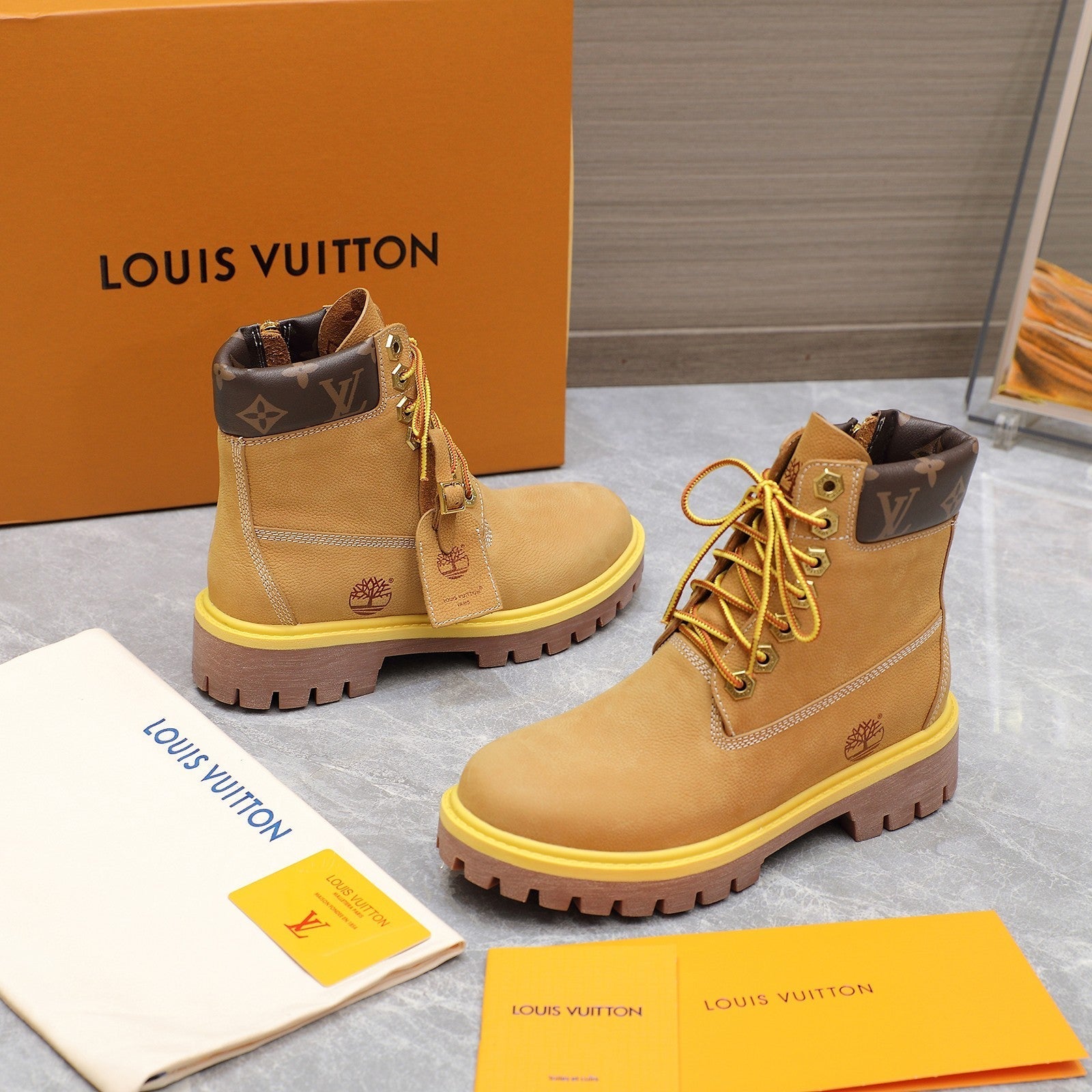 LV x Timberland Collaboration Monogram Brown Ankle Boots 35 in Suede Cowhide Leather 600806