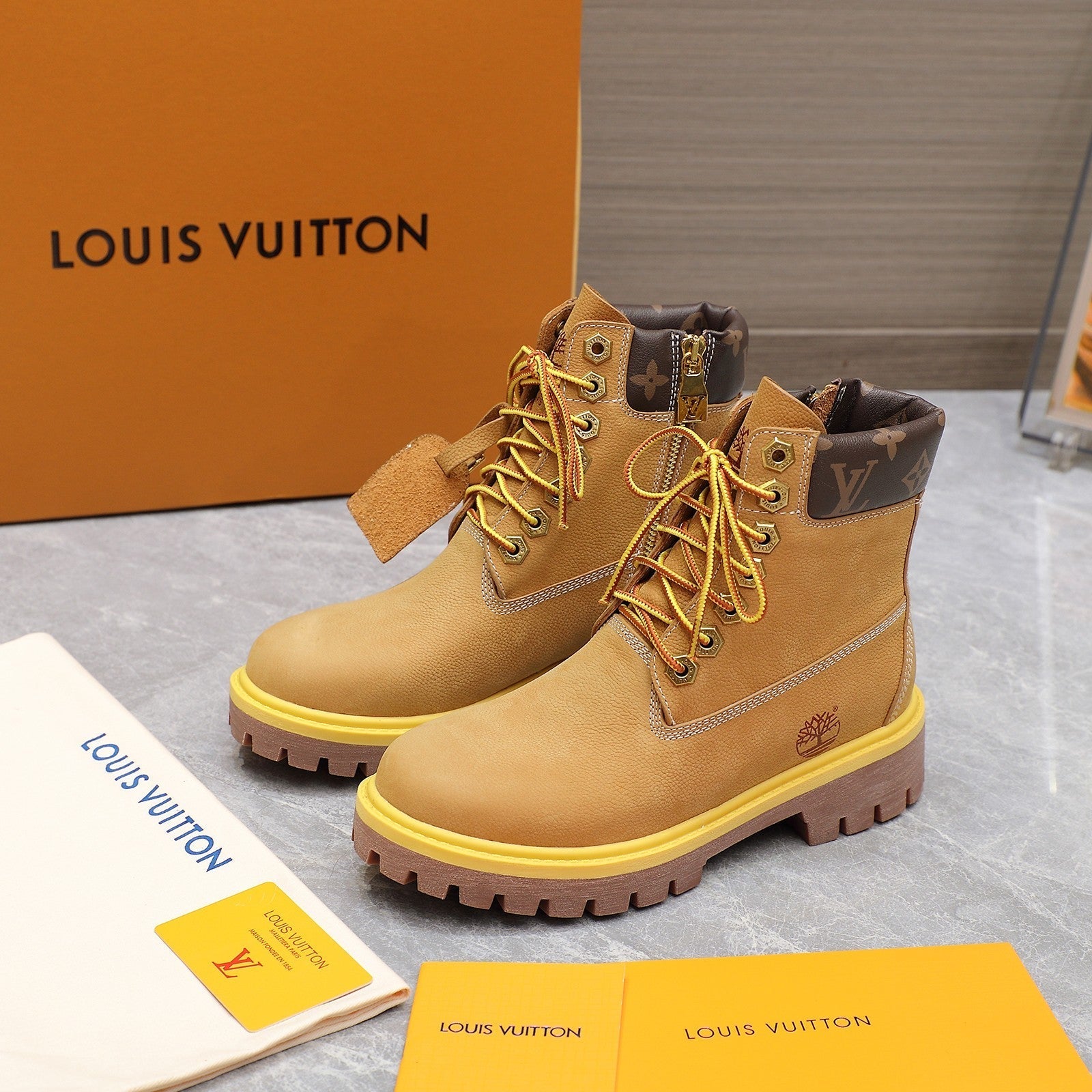 LV x Timberland Collaboration Monogram Brown Ankle Boots 35 in Suede Cowhide Leather 600806