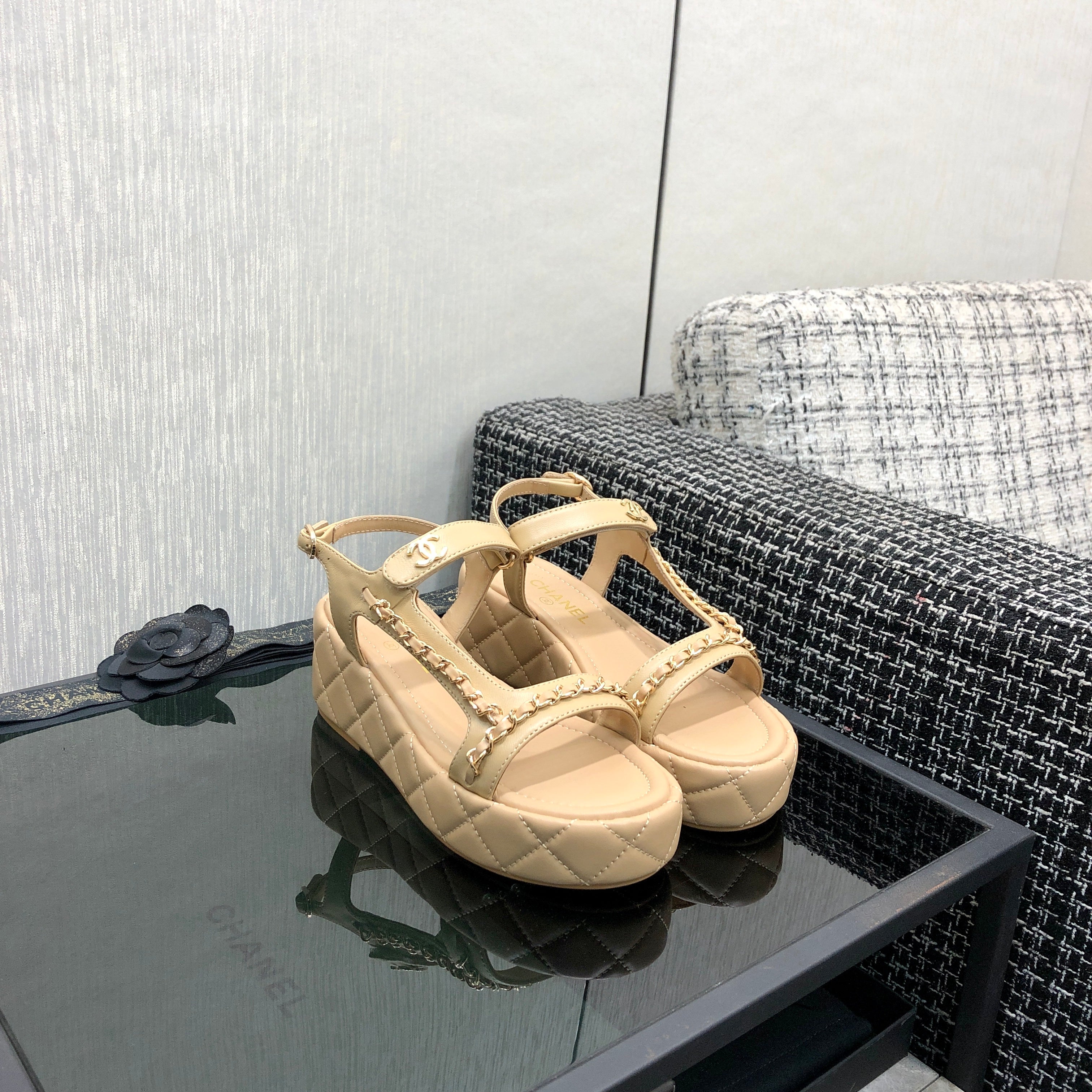Chanel 26 Platform Chain Sandals Beige in Lambskin 602505