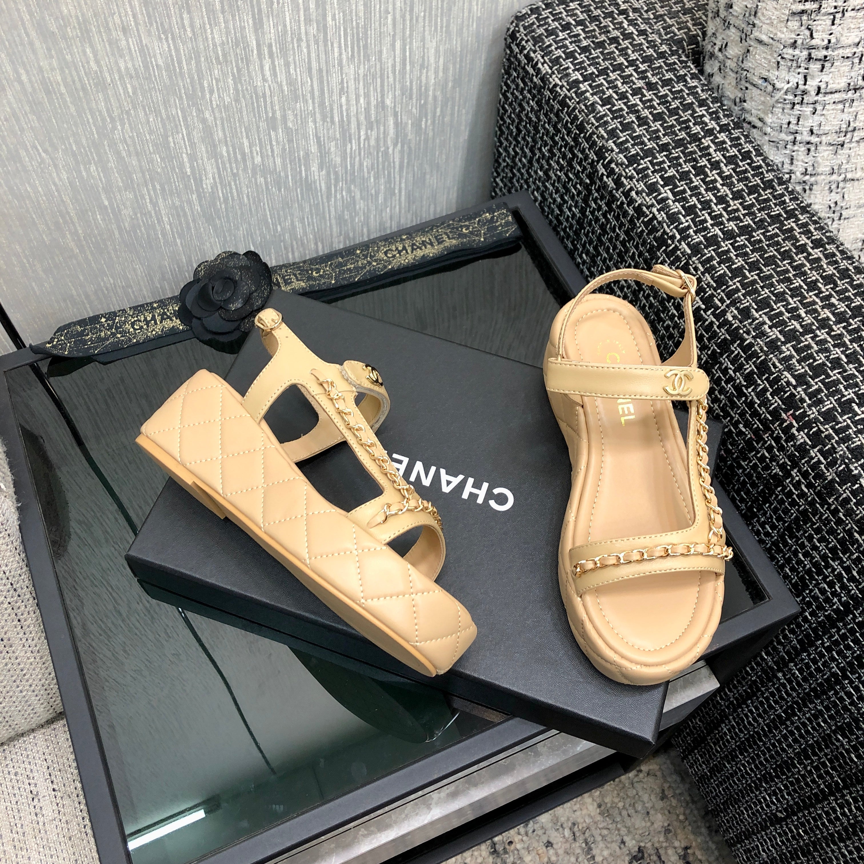 Chanel 26 Platform Chain Sandals Beige in Lambskin 602505