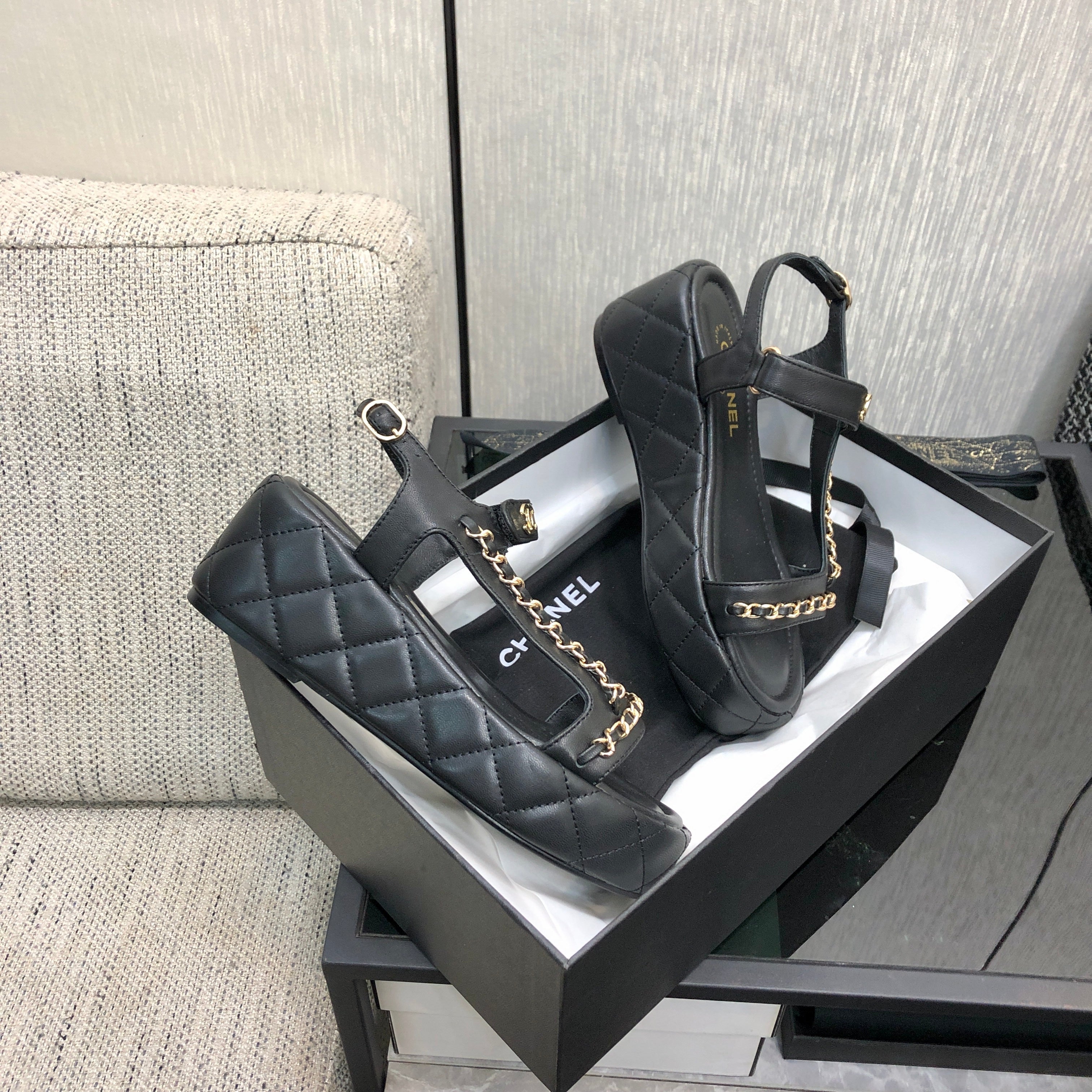 Chanel 26 Platform Chain Sandals Black in Lambskin 602503