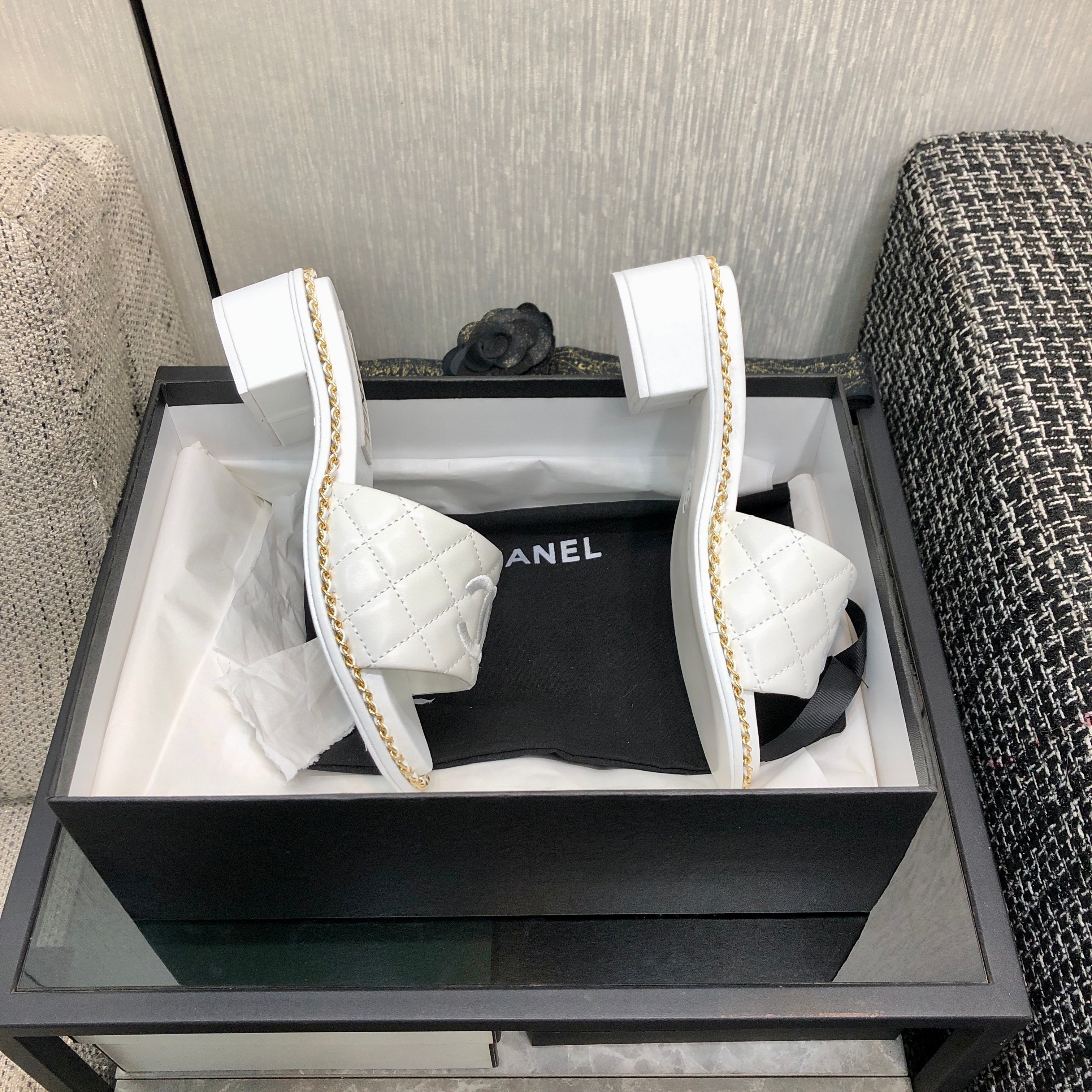 Chanel 26 High-Heeled Chain Slippers White in Lambskin 602483