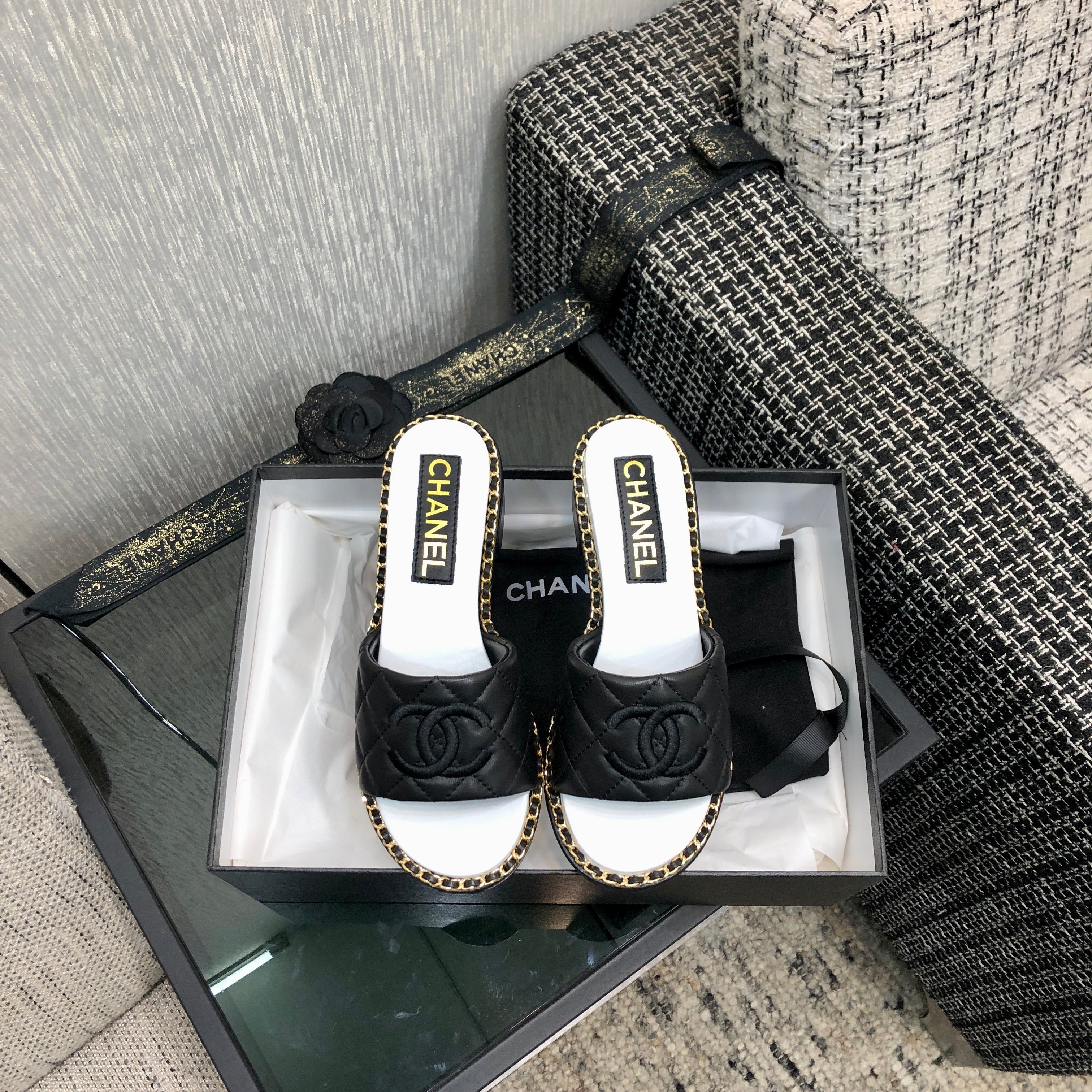 Chanel 26 High-Heeled Chain Slippers Black in Lambskin 602482