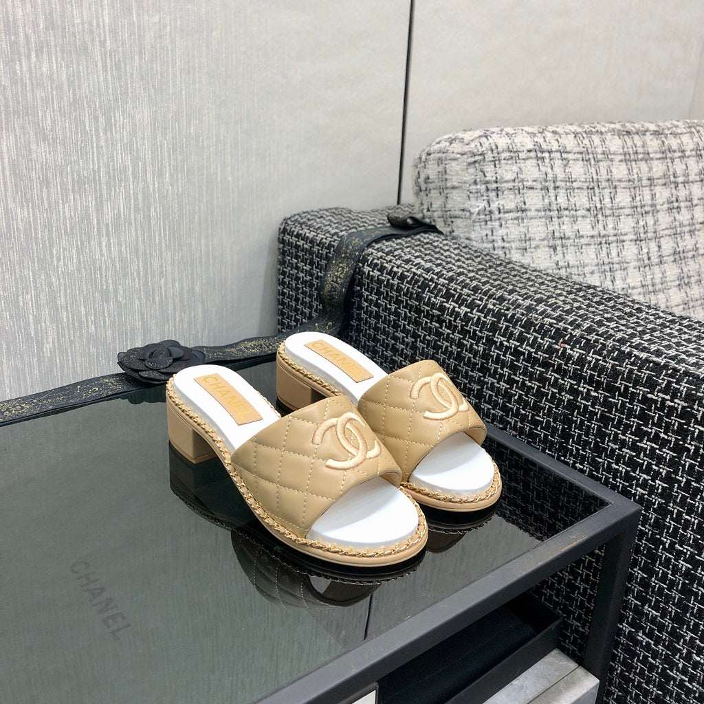 Chanel 26 High-Heeled Chain Slippers Beige in Lambskin 602481