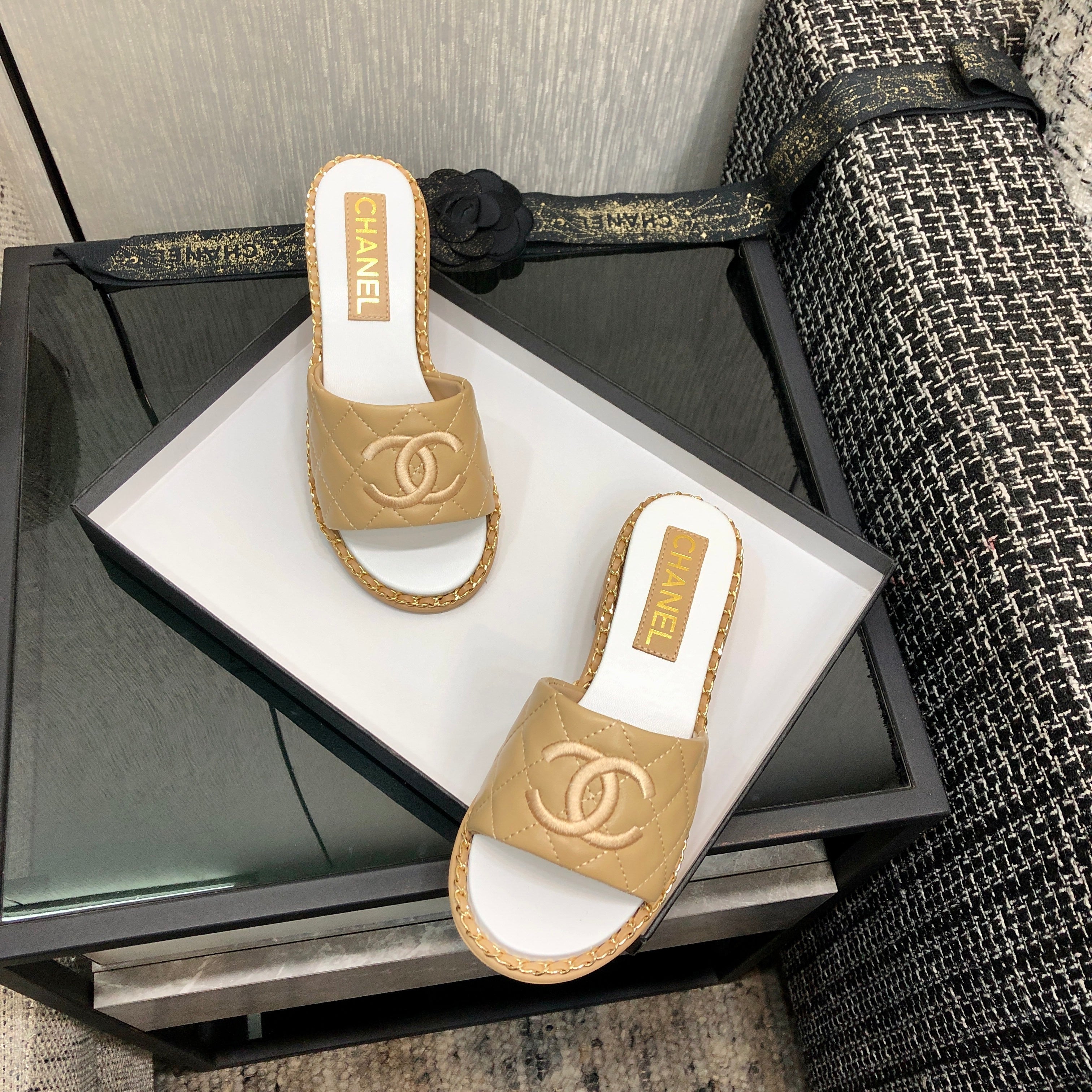 Chanel 26 High-Heeled Chain Slippers Beige in Lambskin 602481