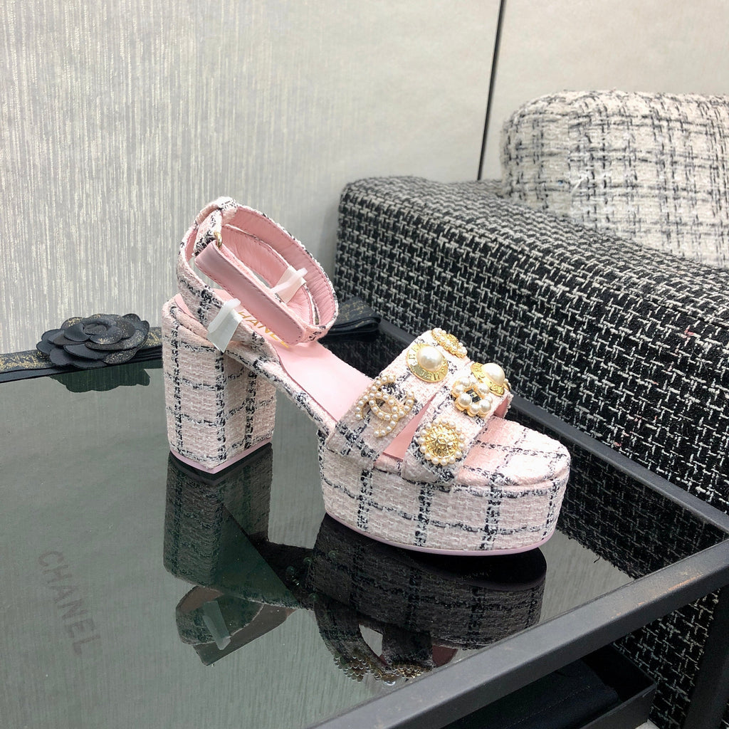 Chanel 26 Runway Style High-Heeled Sandals Pink in Tweed Fabric 602480