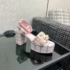 Chanel 26 Runway Style High-Heeled Sandals Pink in Tweed Fabric 602480
