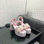 Chanel 26 Runway Style High-Heeled Sandals Pink in Tweed Fabric 602480