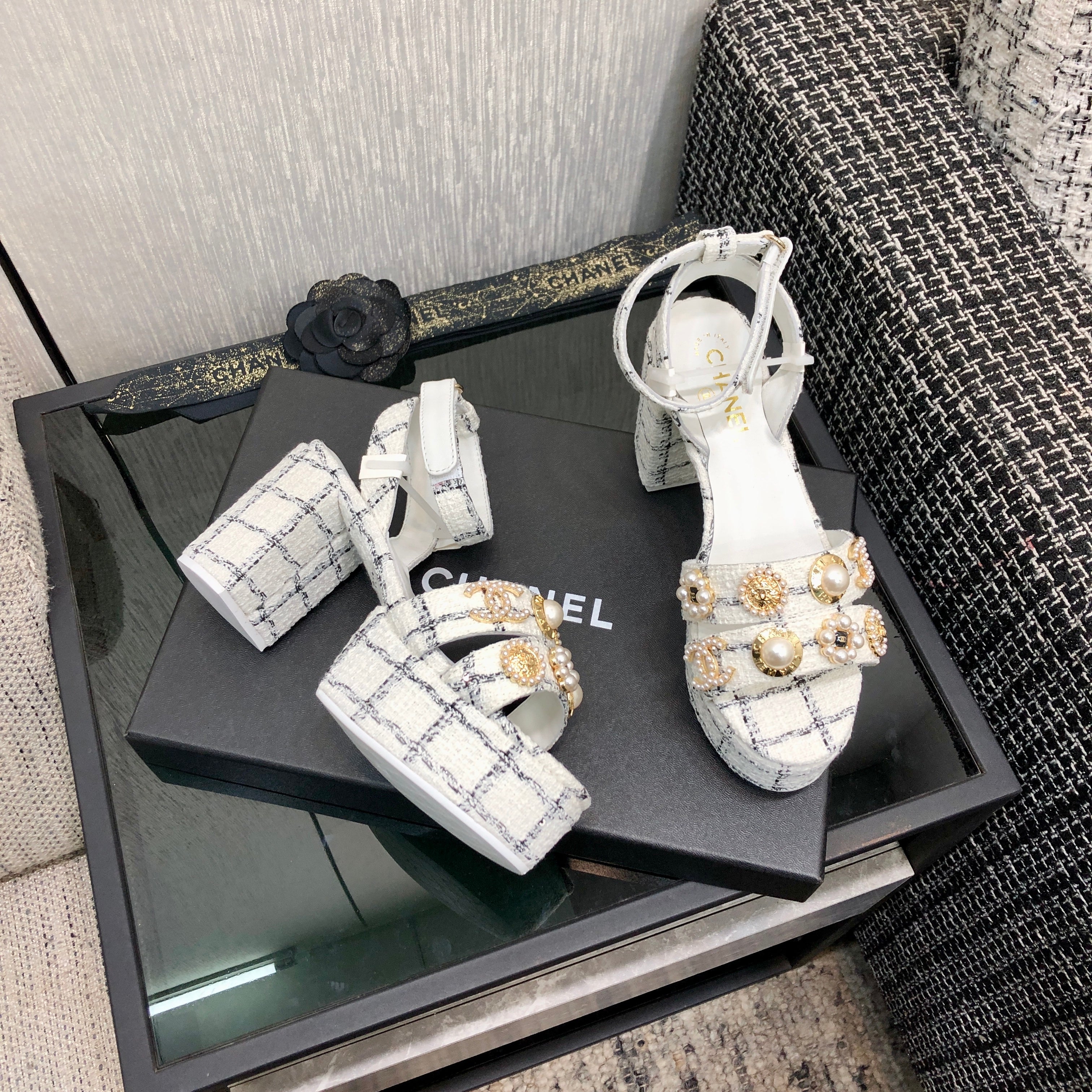 Chanel 26 Runway Style High-Heeled Sandals White in Tweed Fabric 602479