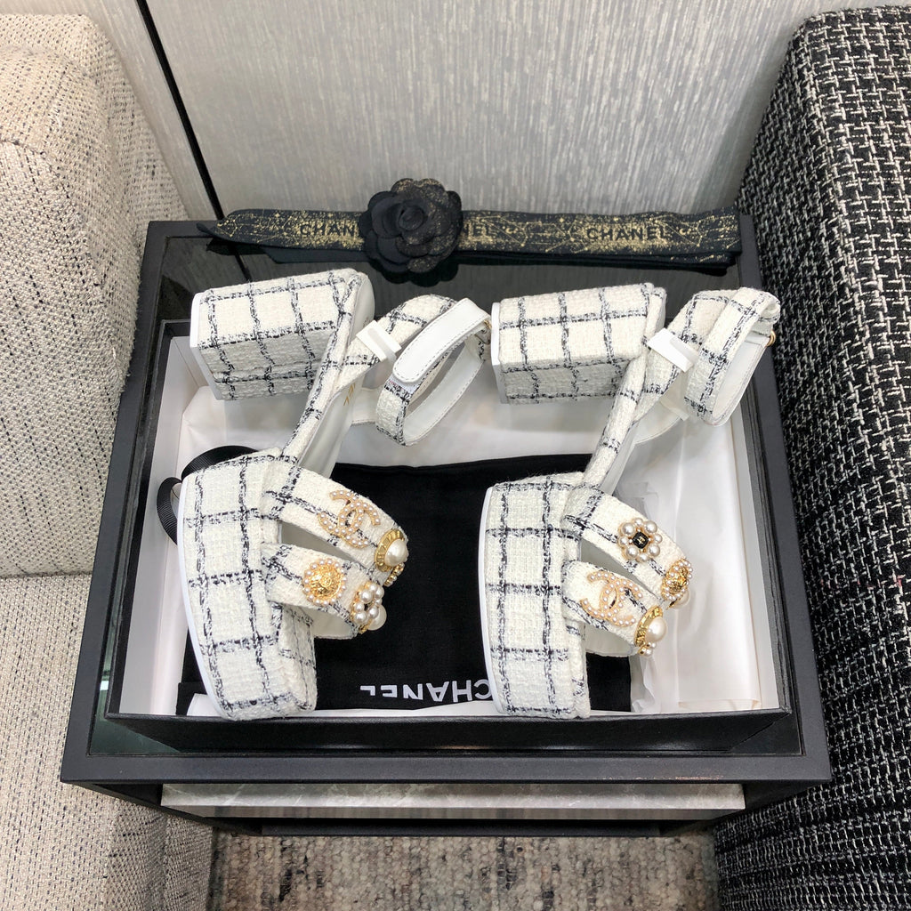 Chanel 26 Runway Style High-Heeled Sandals White in Tweed Fabric 602479