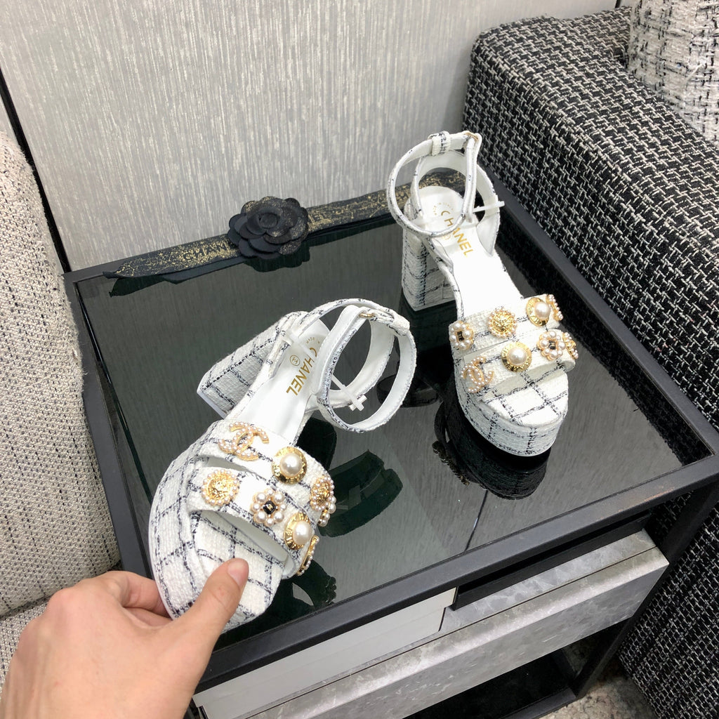Chanel 26 Runway Style High-Heeled Sandals White in Tweed Fabric 602479