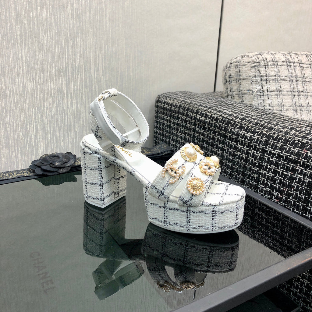 Chanel 26 Runway Style High-Heeled Sandals White in Tweed Fabric 602479