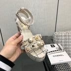 Chanel 26 Runway Style High-Heeled Sandals Off-White in Tweed Fabric 602478