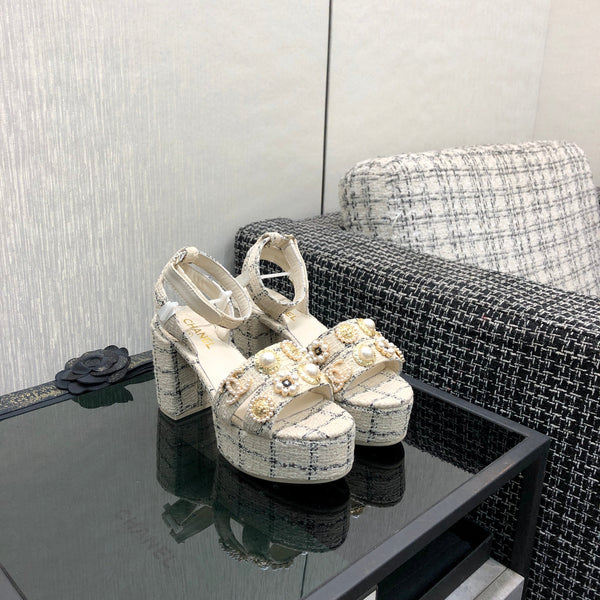 Chanel 26 Runway Style High-Heeled Sandals Off-White in Tweed Fabric 602478
