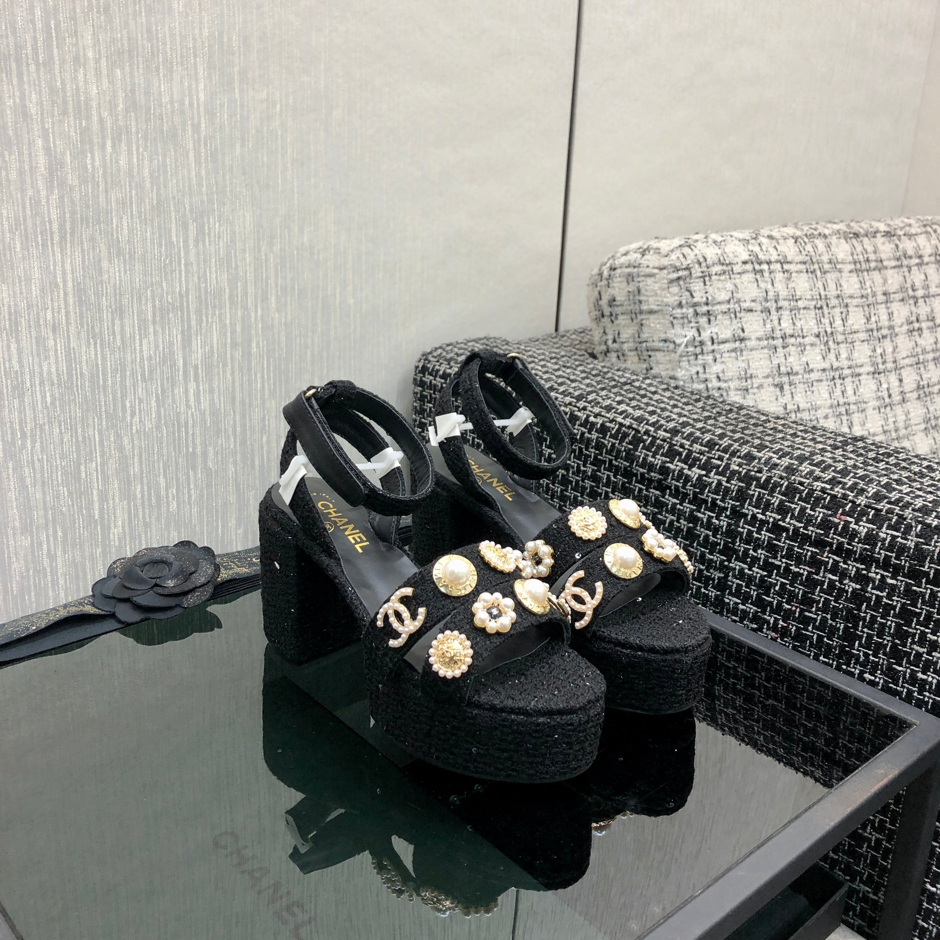 Chanel 26 Runway Style High-Heeled Sandals Black in Tweed Fabric 602477