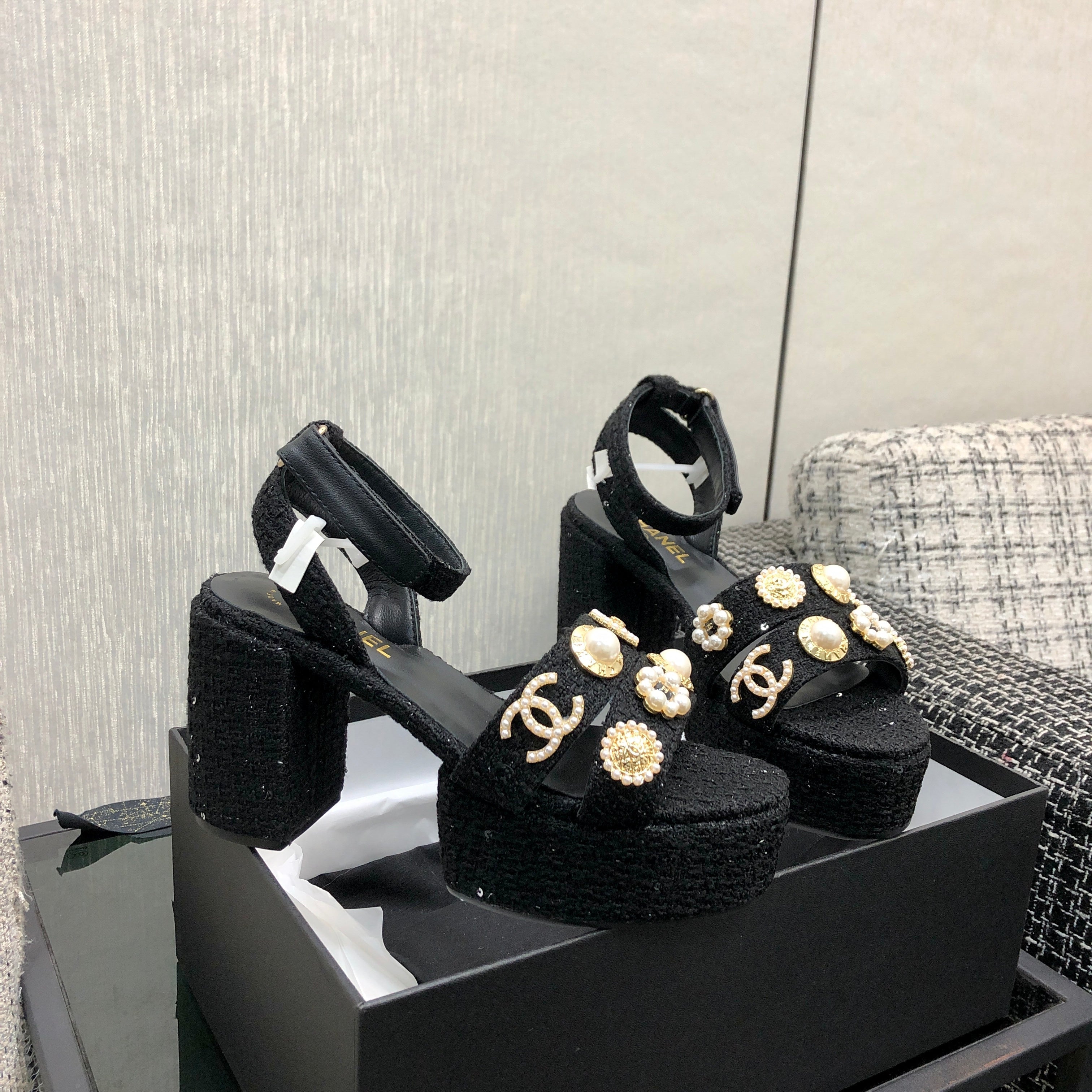 Chanel 26 Runway Style High-Heeled Sandals Black in Tweed Fabric 602477