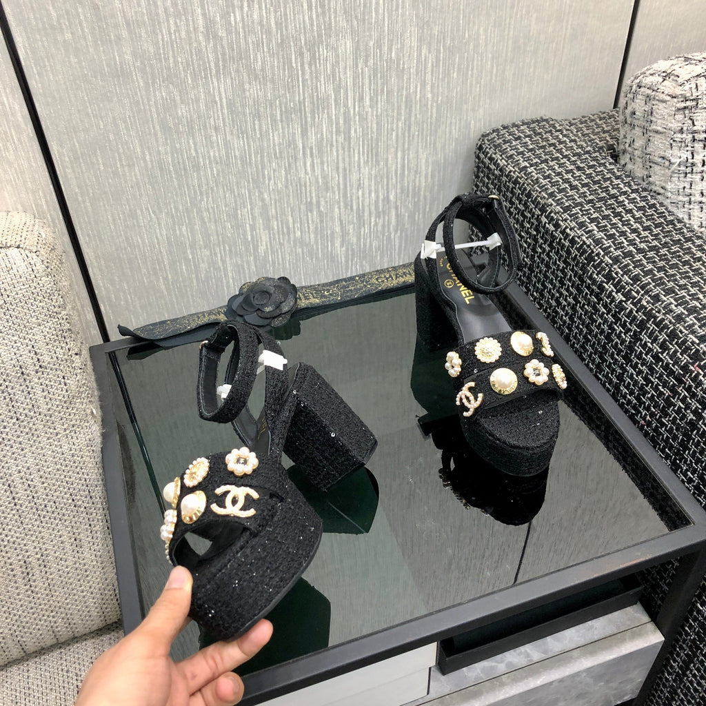 Chanel 26 Runway Style High-Heeled Sandals Black in Tweed Fabric 602477