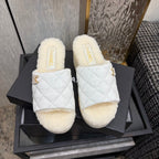 Chane 26 Platform Slippers White Beige in Patent Leather with Wool 602466
