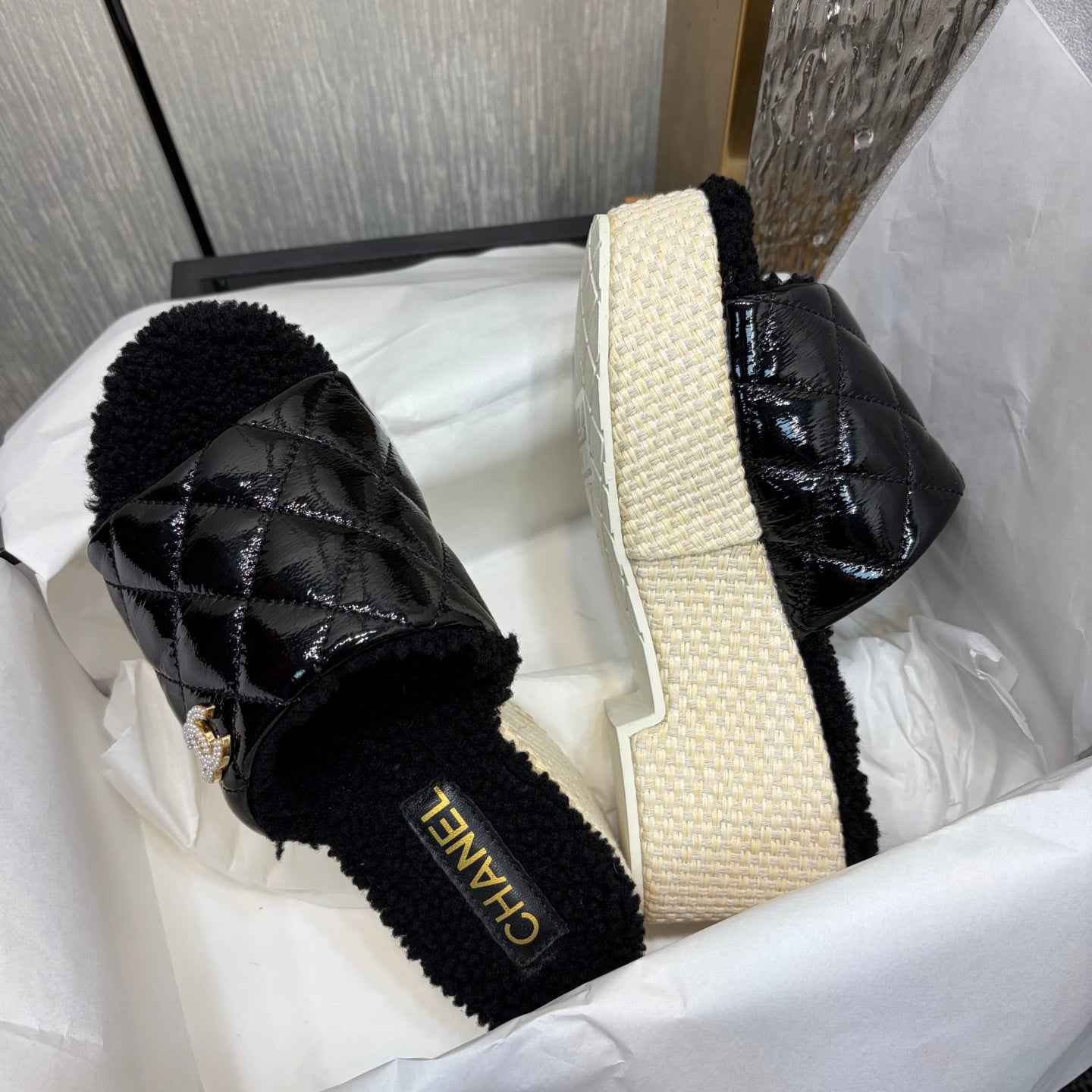 Chane 26 Platform Slippers Black in Patent Leather with Wool 602465