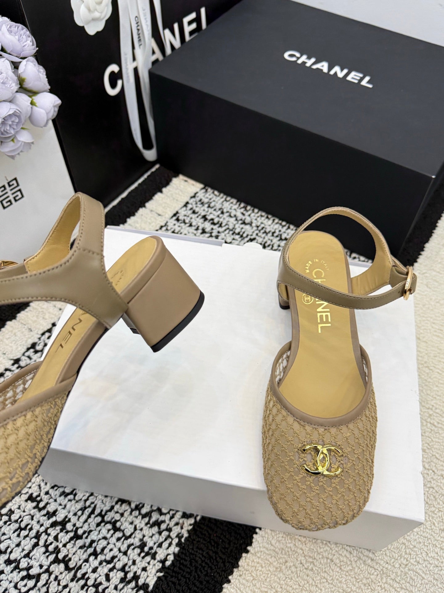 Chanel Square Toe Mary Jane Flats Beige in Mesh fabric 602172