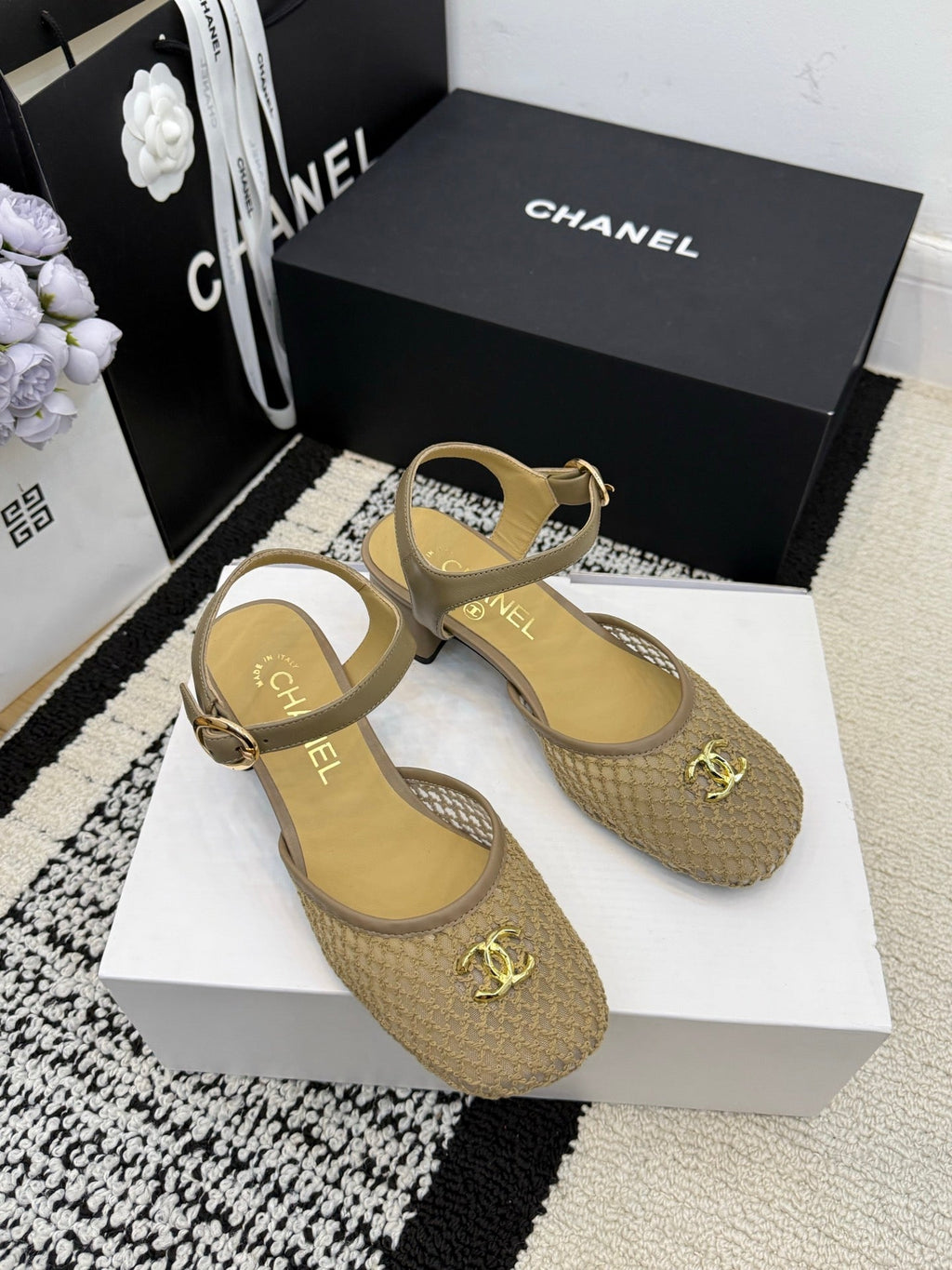 Chanel Square Toe Mary Jane Flats Beige in Mesh fabric 602172