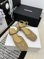 Chanel Square Toe Mary Jane Flats Beige in Mesh fabric 602172