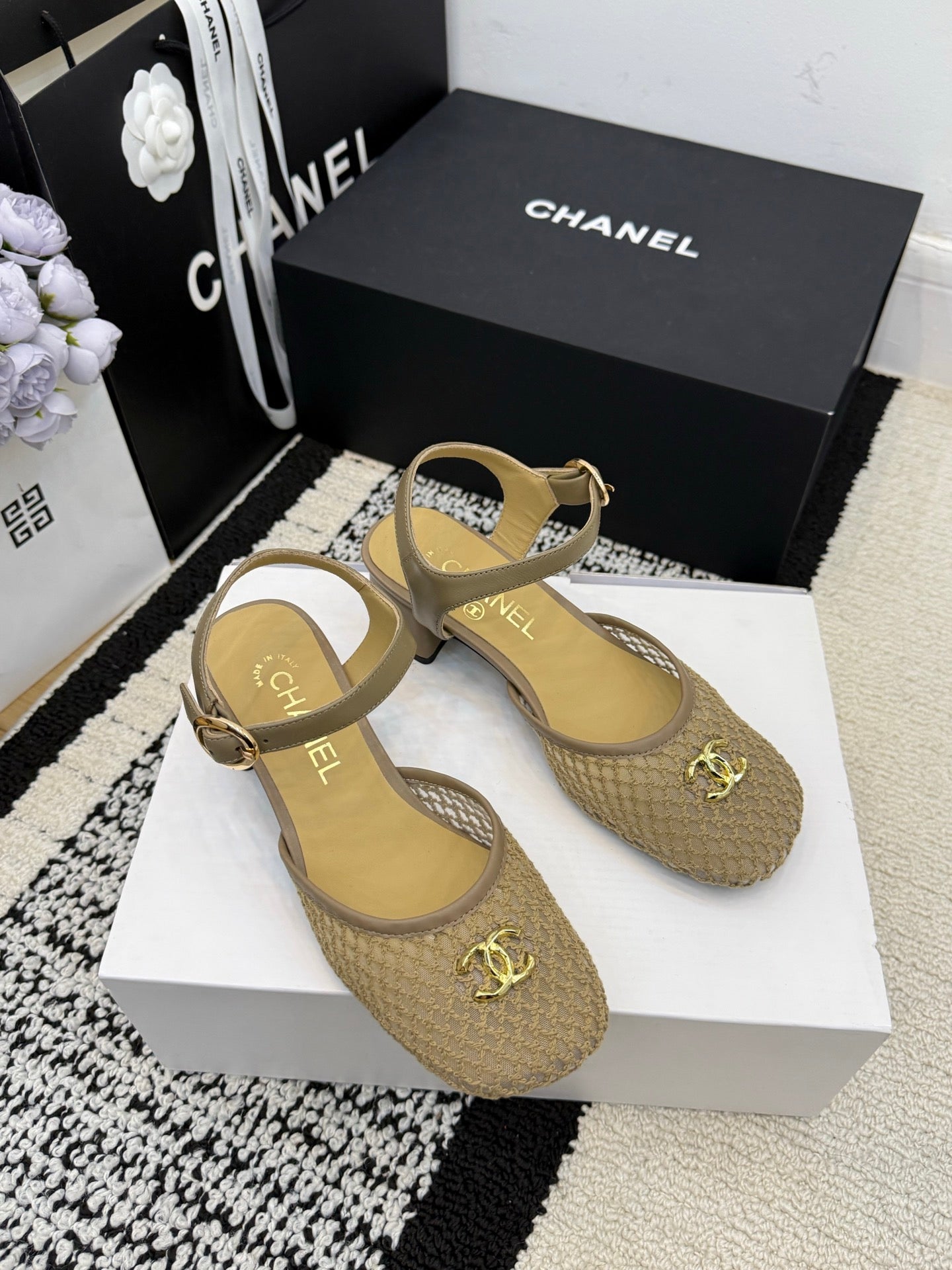 Chanel Square Toe Mary Jane Flats Beige in Mesh fabric 602172