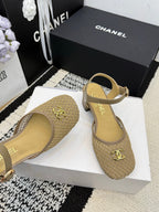 Chanel Square Toe Mary Jane Flats Beige in Mesh fabric 602172
