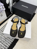 Chanel Square Toe Mary Jane Flats Black in Mesh fabric 602171