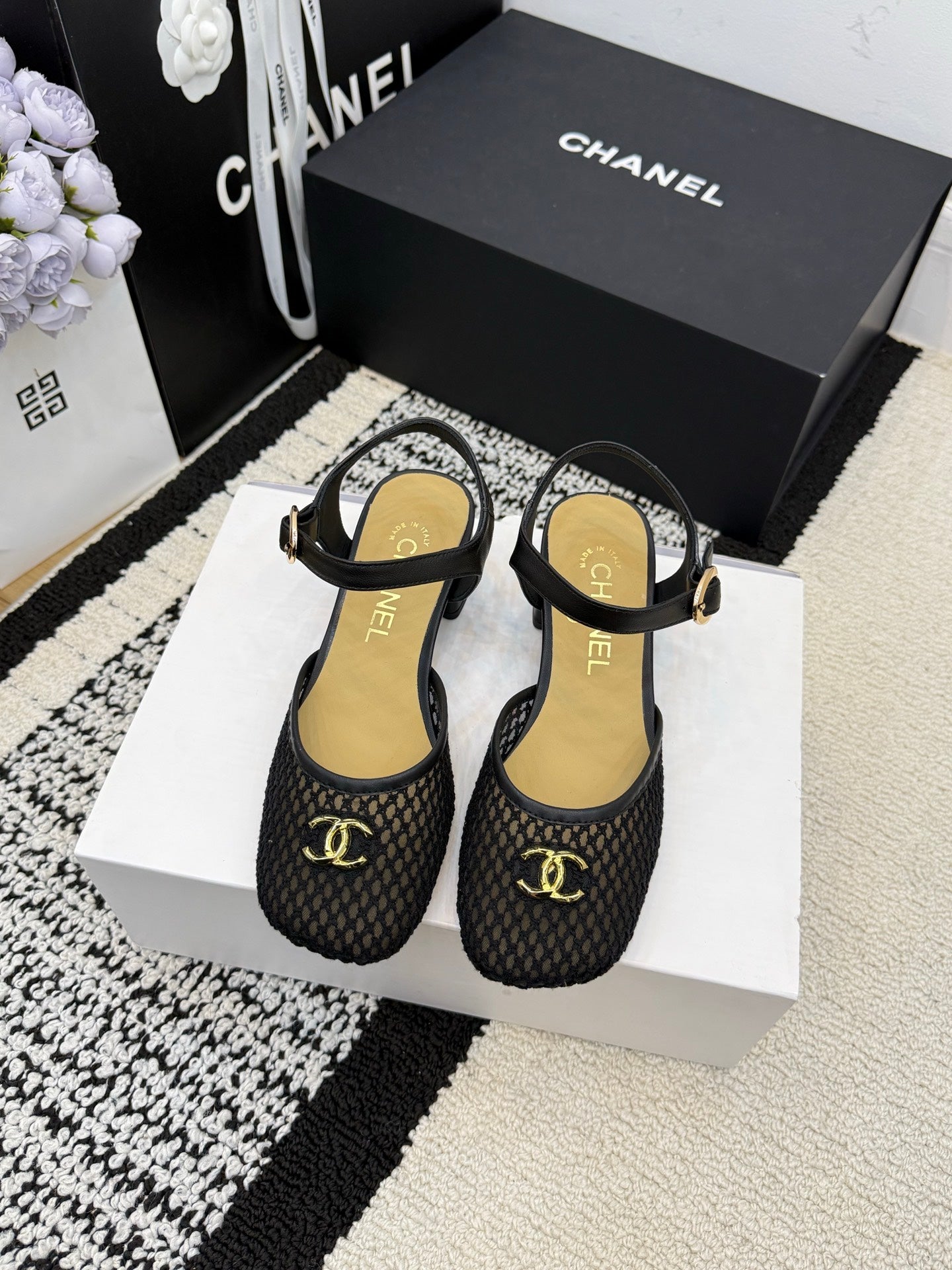 Chanel Square Toe Mary Jane Flats Black in Mesh fabric 602171