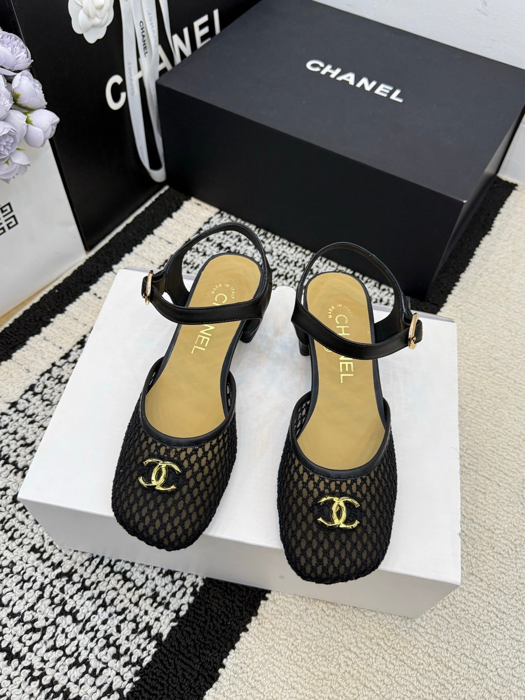 Chanel Square Toe Mary Jane Flats Black in Mesh fabric 602171