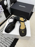 Chanel Square Toe Mary Jane Flats Black in Mesh fabric 602171