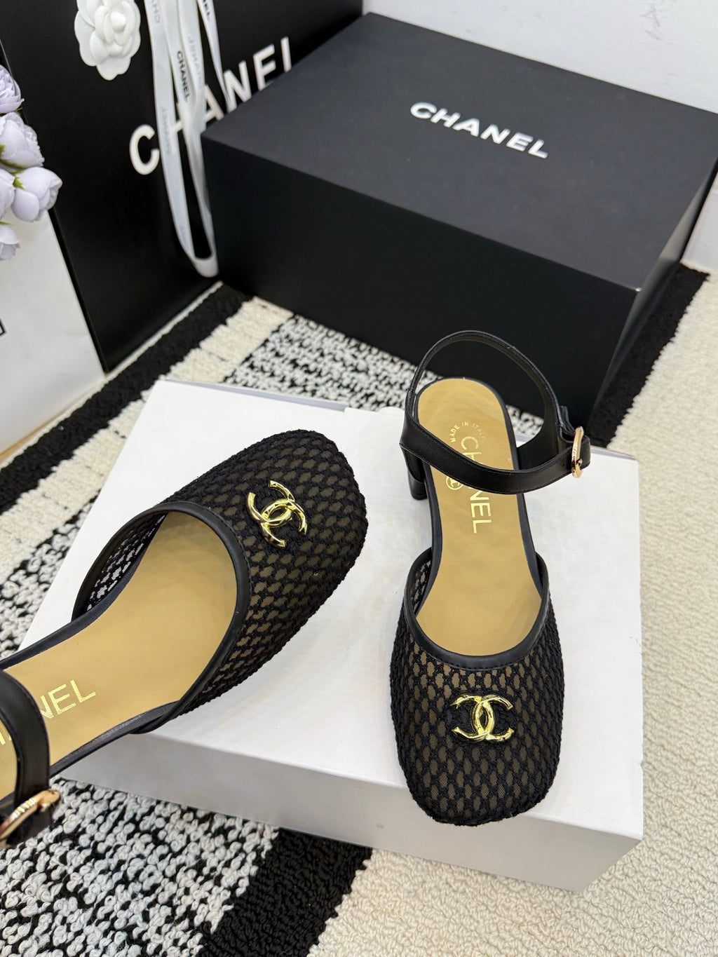 Chanel Square Toe Mary Jane Flats Black in Mesh fabric 602171